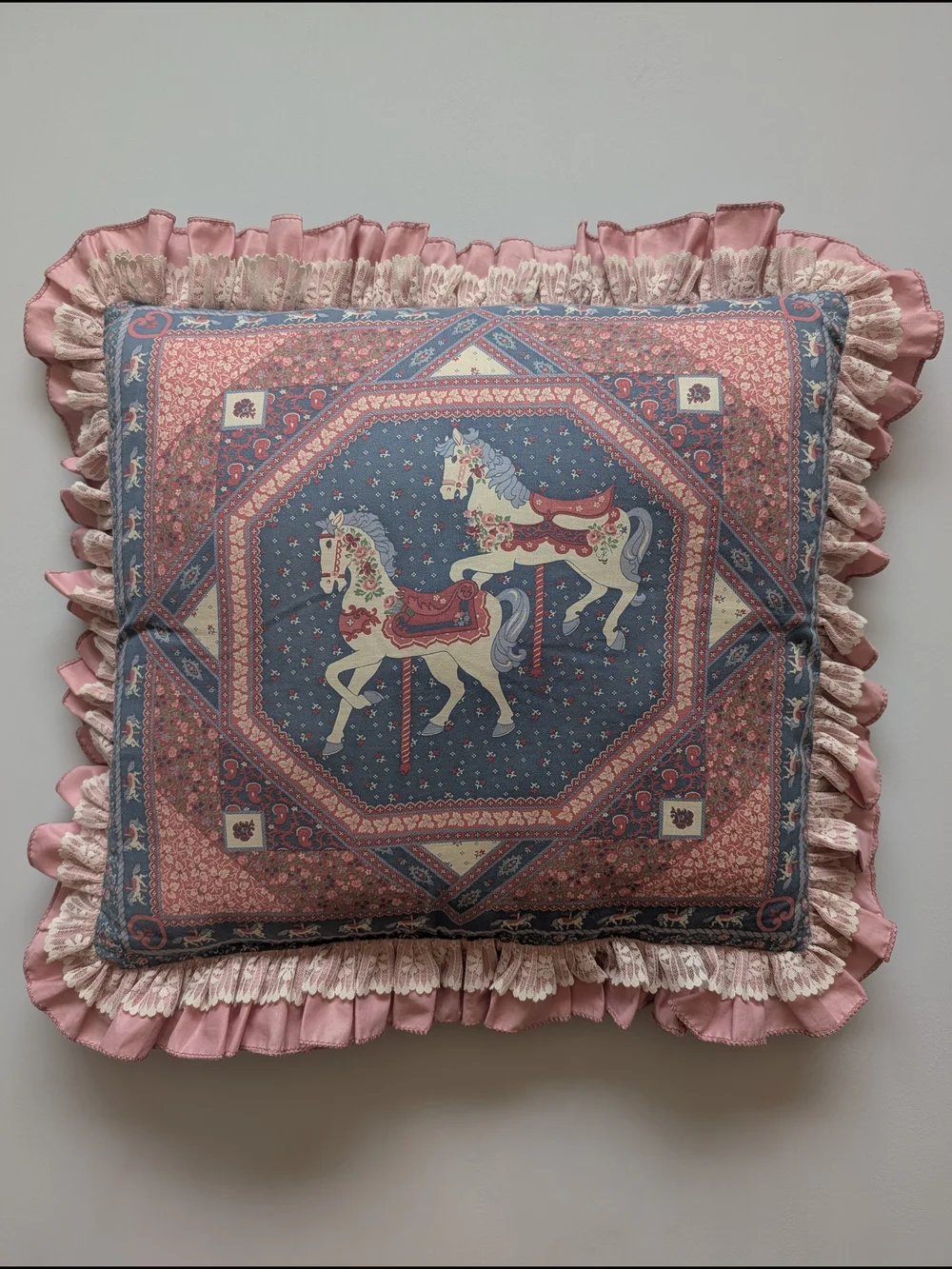 Vtg Carousel Horse And Floral, Lace Ruffle Pink Throw Pillow Cottagecore 22x22in